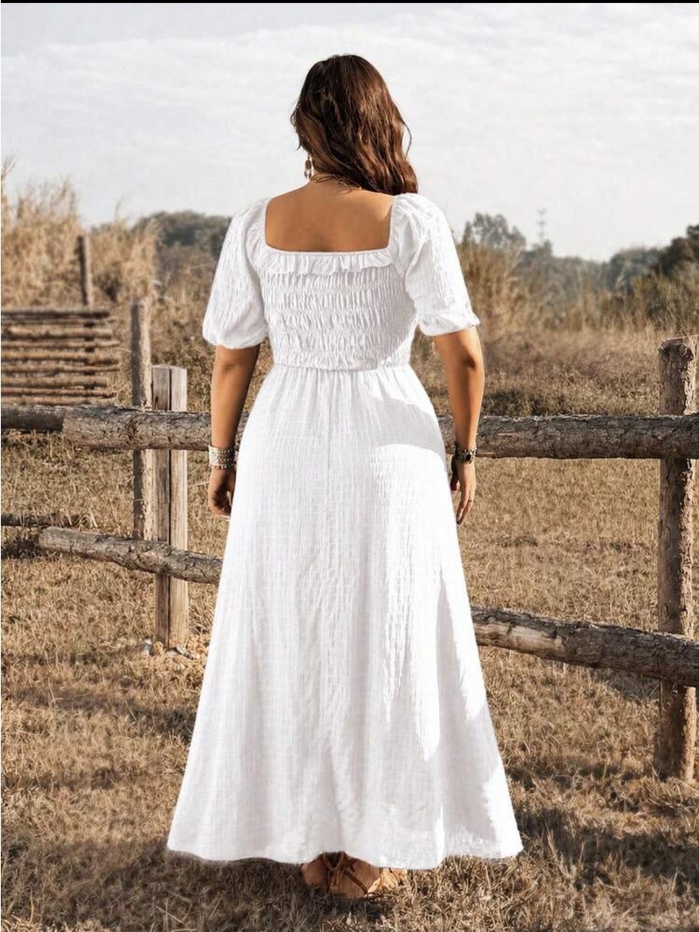 SHEIN White Smocked Maxi Dress with Puff Sleeves - Picture 2 of 7